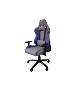 RAIDEN Cómoda y moderna silla gamer con base metálica de estrella negra con giro de 360°, ajuste de altura y reclinado, brindándote horas de comodidad para tus juegos. Brazos ajustables, asiento y respaldar con almohadón en color gris y azul.